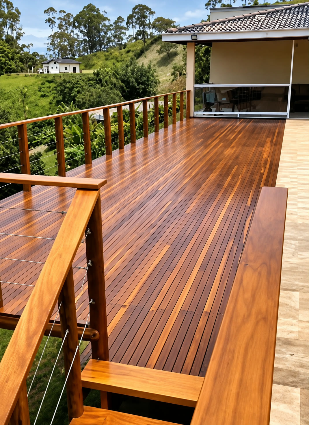 Deck de madeira restaurado com acabamento natural