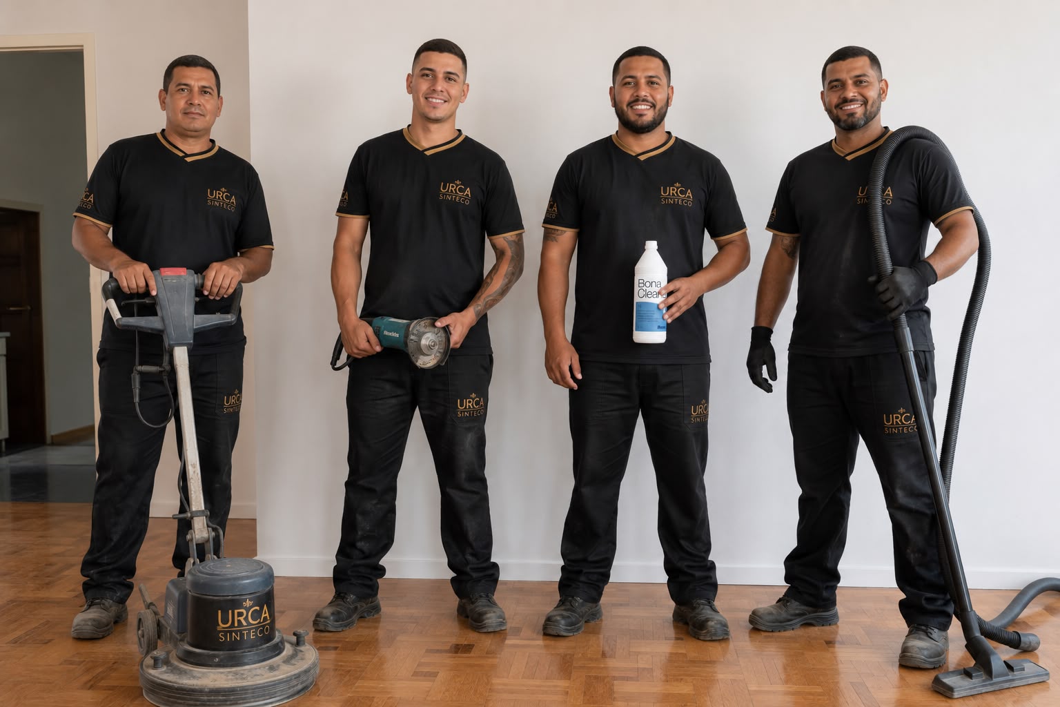 Equipe da Urca Sinteko com equipamentos profissionais de restauração de pisos
