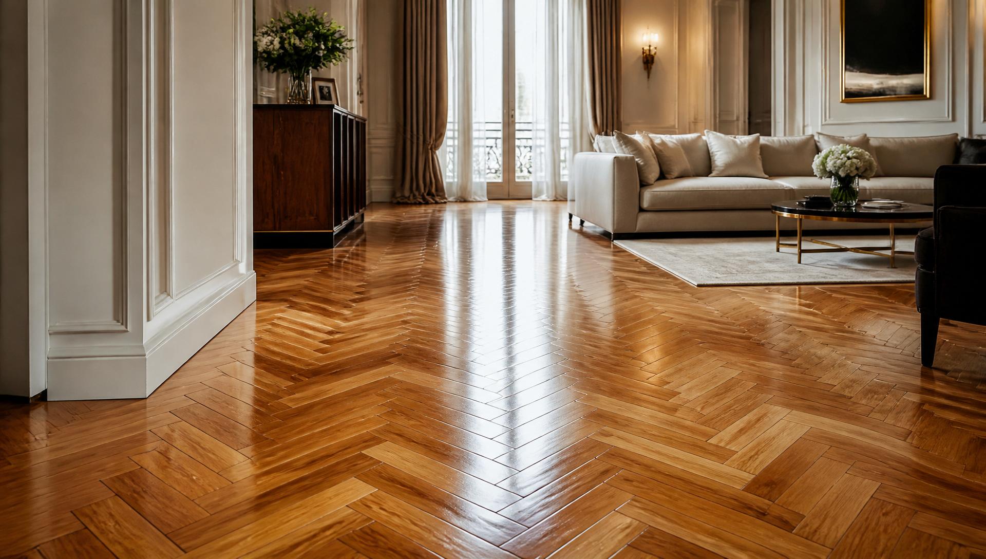 Piso de madeira restaurado com acabamento premium em sala sofisticada